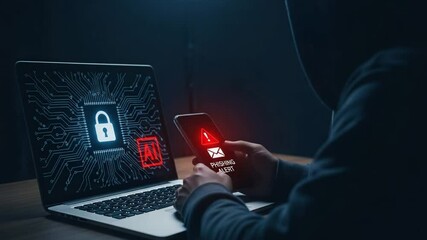 Poster - Person receives phishing alert on phone next to laptop displaying security lock and ai symbol on screen