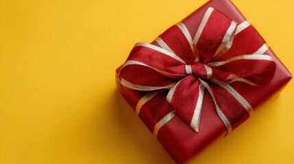 Wall Mural - A red gift box with a gold-trimmed bow on a vibrant yellow background, symbolizing celebration and surprise.