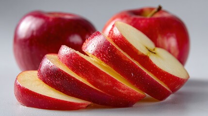 Wall Mural - Close-up of fresh red apples, with one sliced, showcasing vibrant colors and water droplets on the skin against a soft gray background.