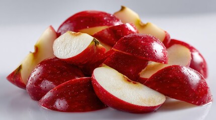 Wall Mural - Freshly sliced red apples with water droplets on a white surface, showcasing their vibrant color and juicy texture.