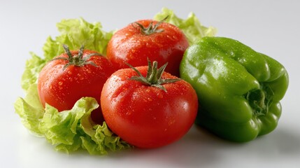 Wall Mural - Fresh tomatoes and a green bell pepper on a bed of lettuce with water droplets, showcasing vibrant colors and healthy ingredients.