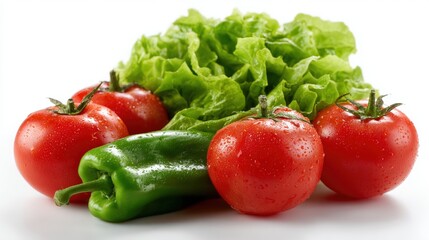 Wall Mural - Fresh tomatoes, green bell pepper, and lettuce on a white background, showcasing vibrant colors and droplets of water for a refreshing look.