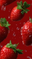 Wall Mural - Fresh strawberries with water droplets on a vibrant red background, highlighting their juicy texture and rich color.