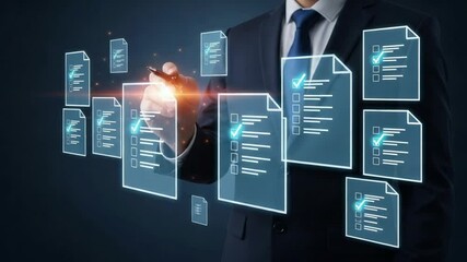 Fototapete - Man in suit interacting with smart contract interface with gears and document outline on screen