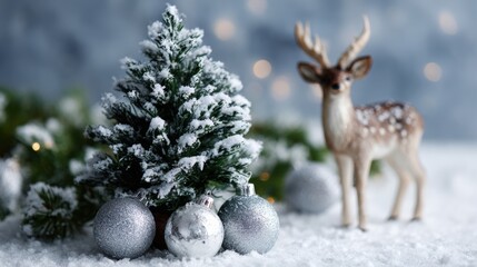 Wall Mural - Snow-covered miniature Christmas tree with silver ornaments and a reindeer figurine, set on a snowy surface with blurred festive lights in the background.