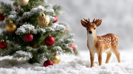 Wall Mural - A festive scene featuring a small deer figurine beside a snow-dusted Christmas tree adorned with red and gold ornaments.