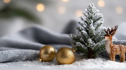 Wall Mural - Festive scene with a snowy miniature tree, gold ornaments, and a deer figurine, set against a soft, blurred background with bokeh lights.