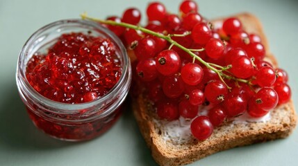 Wall Mural - Fresh red currants on toast with a jar of red currant jelly on a green background, showcasing a vibrant and appetizing breakfast scene.