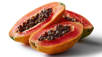 Wall Mural - Close-up of ripe papayas sliced open, revealing vibrant orange flesh and numerous black seeds on a white background.