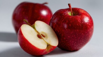 Wall Mural - Close-up of two whole red apples and one half, showcasing fresh, shiny skin and seeds on a light background.