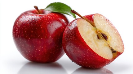 Wall Mural - Two fresh red apples with water droplets, one whole and one sliced, on a reflective white surface.
