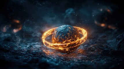 Poster - Dynamic cosmic sphere surrounded by fiery halo ethereal digital art in a futuristic atmosphere