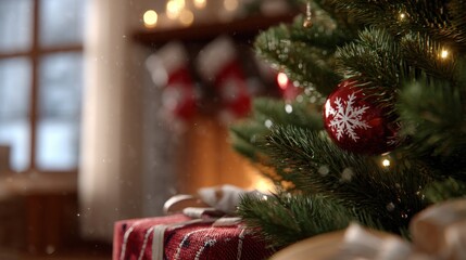 Wall Mural - Close-up of a decorated Christmas tree with a red ornament, snowflake design, gift boxes, and stockings in a cozy holiday setting.