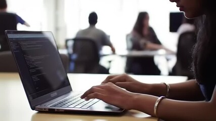 Focused individual coding on a laptop in a modern workspace with colleagues collaborating in the background