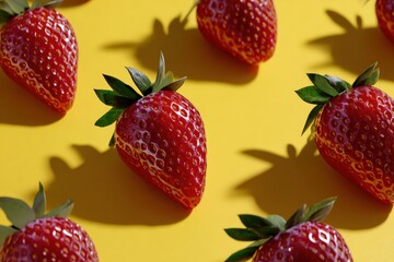 Wall Mural - Fresh strawberries with green leaves arranged on a vibrant yellow background, casting distinct shadows, creating a colorful and appetizing display.