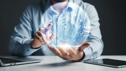 Aufkleber - Man presents ai head hologram with laptop and tablet on desk in business setting with light flare 100