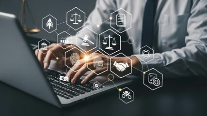 Poster - Person typing on laptop with legal and business icons overlayed on the screen display interface