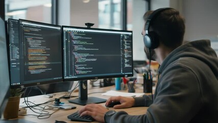 Focused Programmer Coding on Dual Monitors Wearing Headphones in a Modern Office Setting With Natural Light And Multiple Computer Screens
