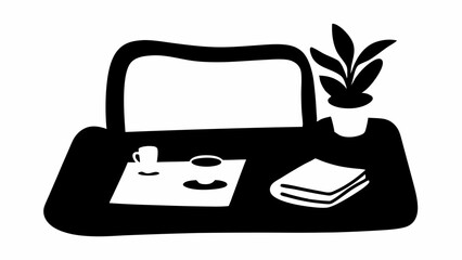 Fototapete - Illustration of a desk with a computer monitor, a plant, a cup, and a stack of papers in black and white silhouette