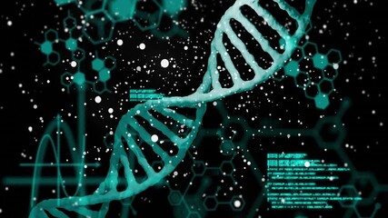 Poster - Double helix materializing on dark interface, rotating with molecular patterns and data streaming