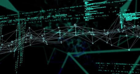 Poster - At start glowing nodes pulsing and rotating while code panels merging visualizing data flow network