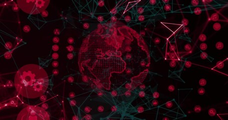 Poster - Glowing red nodes and network lines animating wireframe globe, rotating icons visualizing network