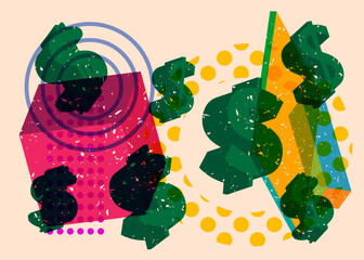 Poster - Risograph Dollar Sign with geometric shapes. Objects in trendy riso graph print texture style design with geometry elements.