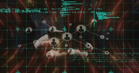 Poster - Mid adult male hand sliding into frame presenting technology network forming over code grid links