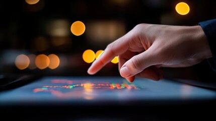 Hand Touching Digital Tablet Screen Displaying Financial Data With Bokeh Lights Background