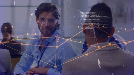 Poster - Business professionals analyzing network plan under fading overlay, rotating globe and code snippet