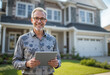 © Yanzia17 - Mature smiling man on glasses standing with tablet in front of a new house . A real estate agent offers his services in buying and selling homes