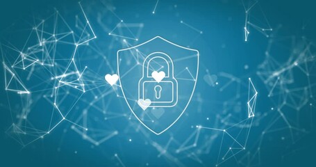 Poster - Heart shapes emerging around white shield padlock icon, pulsing and fading showing network security