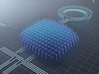 Fototapete - Abstract Futuristic Technology Grid Digital Network, Circuit Board, and Data Processing Visualization