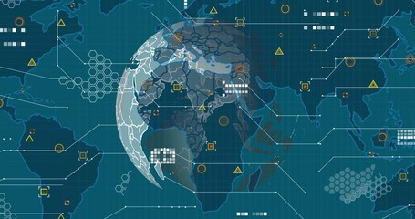 Fototapete - 3D globe appearing starting rotating outlines emerging network radiating pulsing showing data flow