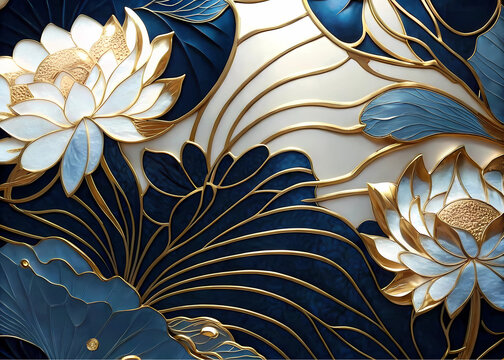 This collection showcases ten distinct artistic renderings of lotus flowers and blossoming motifs, each exhibiting a sophisticated blend of gold outlines, white petals, and varying shades of blue back