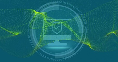 Poster - Upon loading wave sweeping, ring emerging, rotating monitor with shield reinforcing Cyber Security