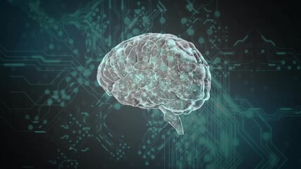 Poster - Upon activation 3D holographic brain rotating across teal circuitry backdrop, visualizing data flow