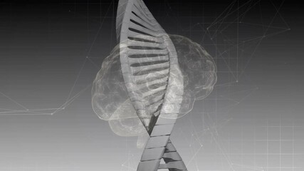Poster - At start metallic DNA helix and 3D brain rotating visualizing structure over grid and nodes