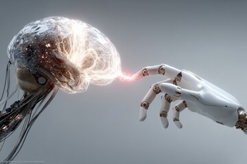 Poster - Robotic hand touching digital brain creating connection via electrical current, symbolizing artificial intelligence and neural network