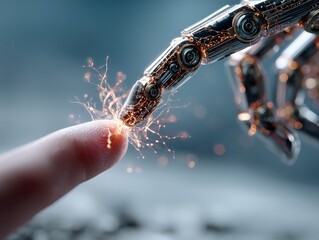 Poster - Chrome robotic finger gently touching a warm human fingertip, with a pulsating digital spark made of neon lines and particles, creating a sleek gradient blur