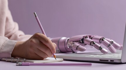 Poster - Woman's hand writing on paper with pencil and robotic hand typing on laptop keyboard, concept of artificial intelligence and collaboration