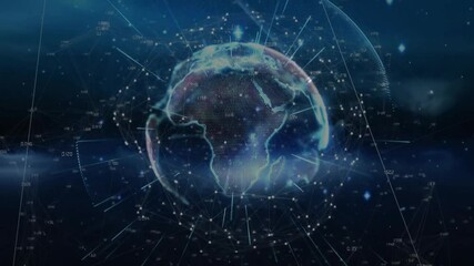 Poster - Data-driven globe emerging pulsing nodes radiating beams rotating for intensifying network view