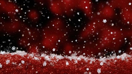 Wall Mural - Festive red and black background with falling snowflakes and sparkling glitter creating a winter holiday atmosphere.