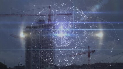 Poster - Translucent mesh sphere fading rotating and pulsing visualizing connectivity around highrise cranes