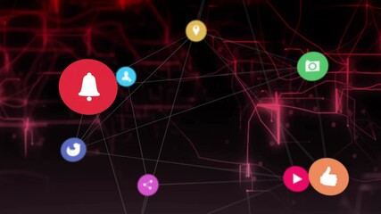Poster - Scene starting red grid icons fading into network, camera focusing user icons enlarging, connecting
