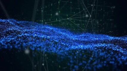 Poster - Blue particle cluster emerging in green grid spreading while white nodes pulsing to show data flow