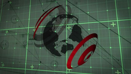 Poster - On animation start globe centering on grid, red rings wrapping rotating to reveal data links