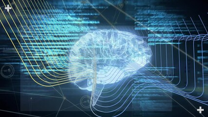Poster - Streaming code behind 3D brain initiating waveforms flowing across rotating model visualizing data