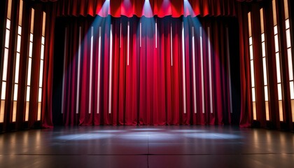 Poster - the image features a dramatic stage with a red backdrop, filled with vertical columns of light