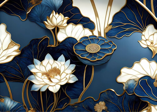 This collection showcases ten distinct artistic renderings of lotus flowers and blossoming motifs, each exhibiting a sophisticated blend of gold outlines, white petals, and varying shades of blue back